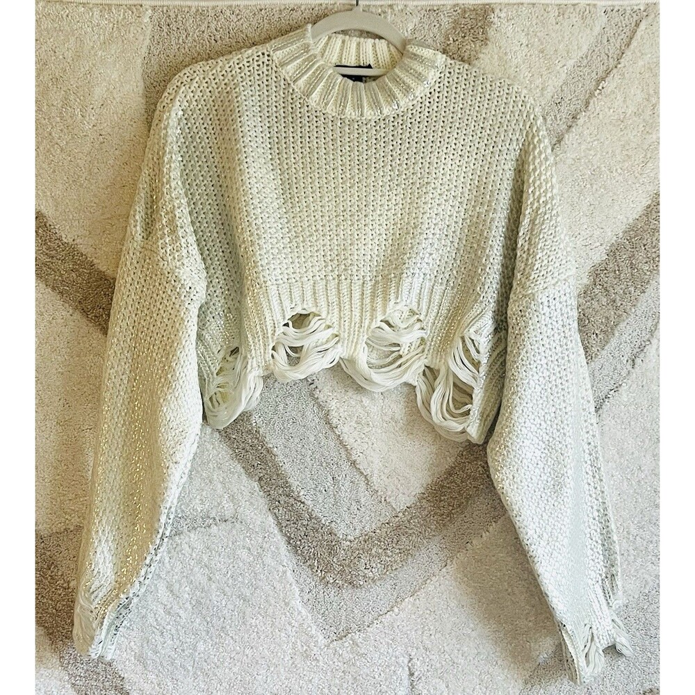 Nasty Gal Premium Silver Metallic Foil Crop Sweater M  Distressed Slouchy Knit